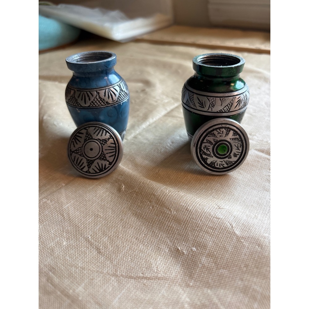 Urns Set of 2 Blue Green Small Metal Engraved Keepsake